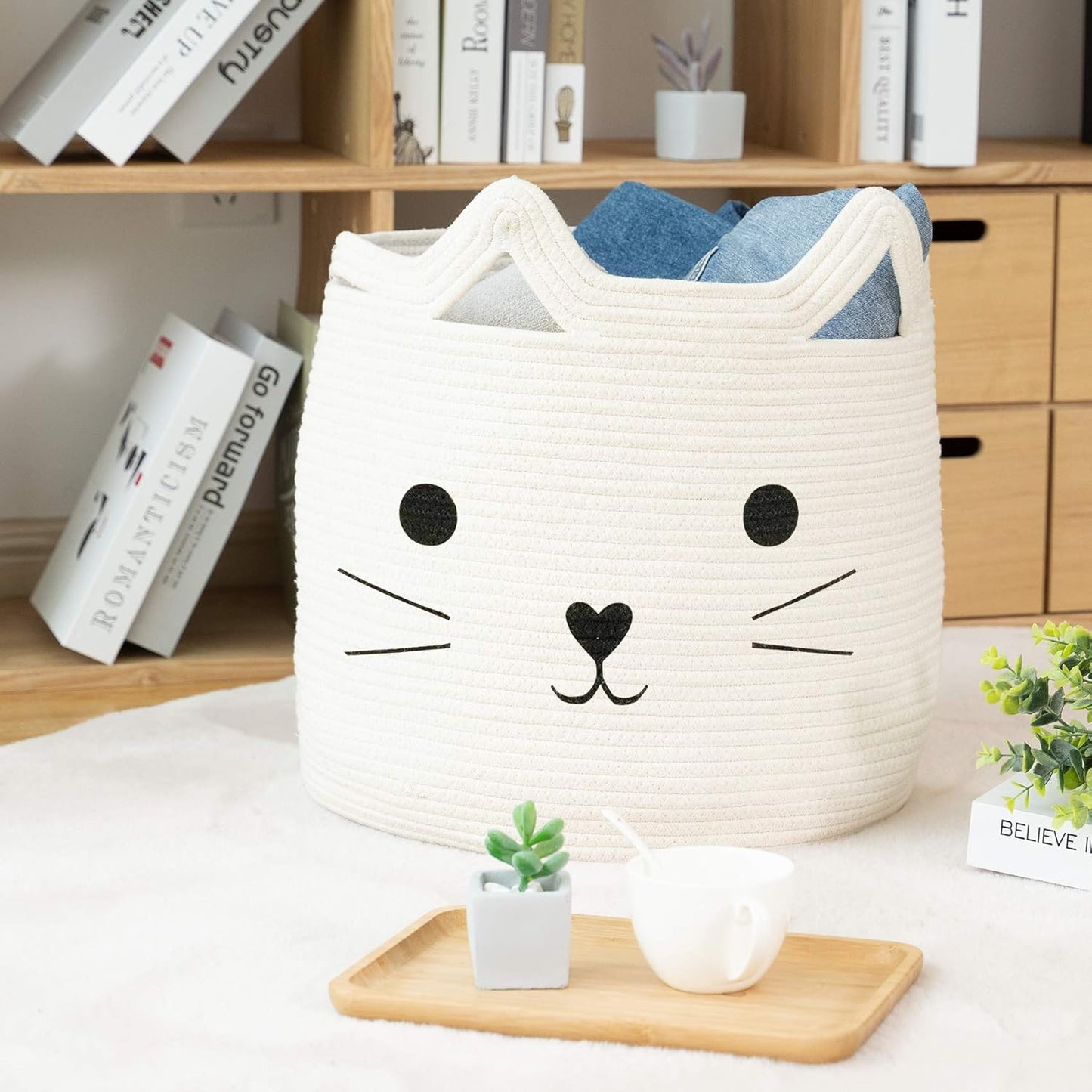 Cat Face Woven Cotton Rope Laundry Basket – 15" x 15" Storage Hamper & Organizer