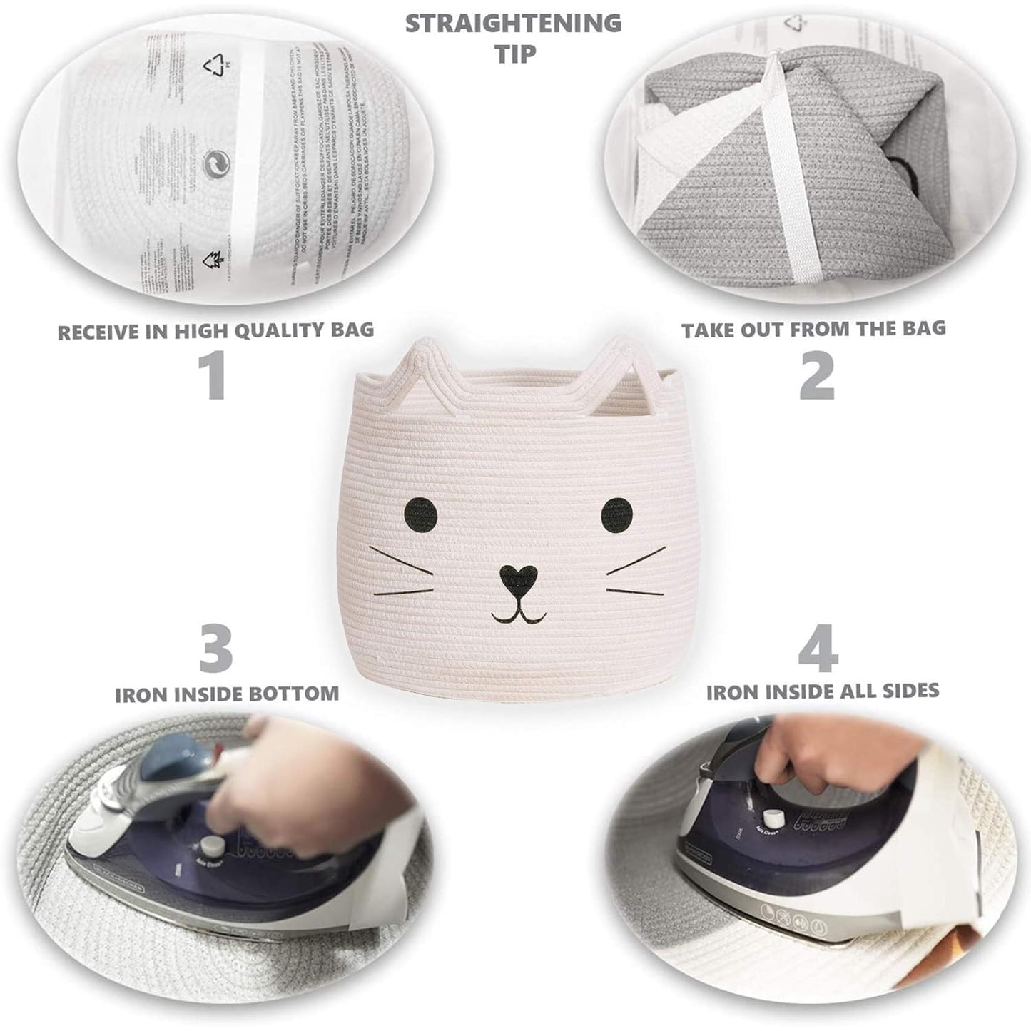 Cat Face Woven Cotton Rope Laundry Basket – 15" x 15" Storage Hamper & Organizer