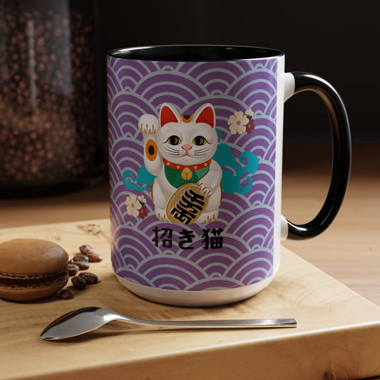 Lucky Cat - Accent Coffee Mug (15oz) - Manekineko - Japanese Calligraphy