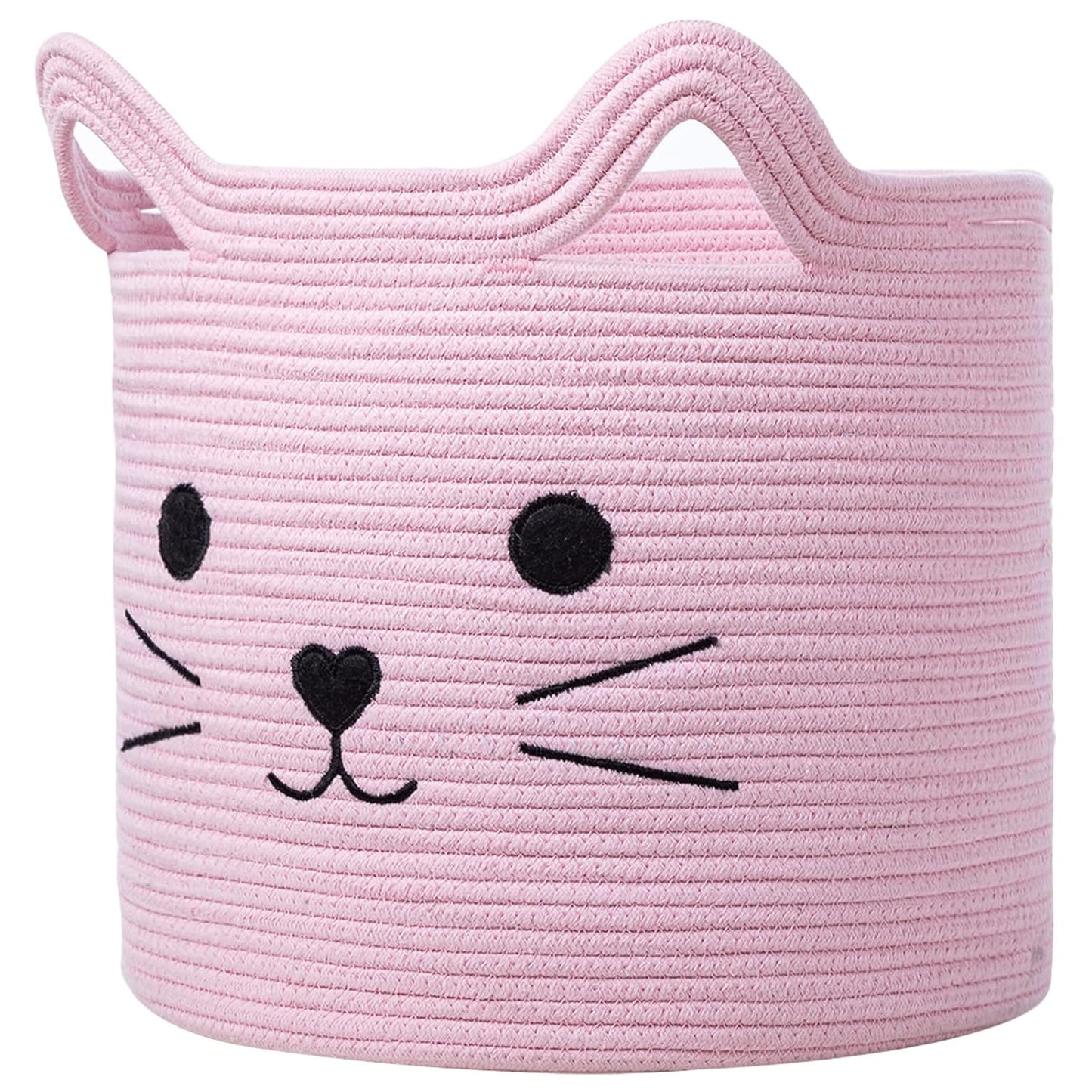 Cat Face Woven Cotton Rope Laundry Basket – 15" x 15" Storage Hamper & Organizer