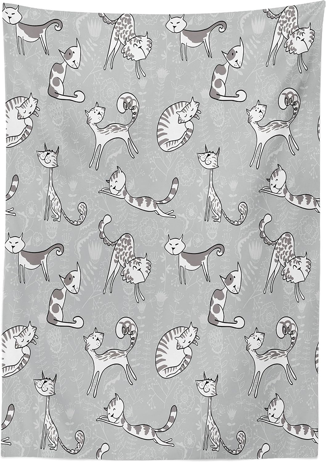 Grey Cat Tablecloth – Floral Cartoon Kitty Print, Rectangular Table Cover (52" x 70") for Dining & Kitchen Deco