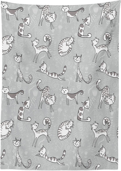 Grey Cat Tablecloth – Floral Cartoon Kitty Print, Rectangular Table Cover (52" x 70") for Dining & Kitchen Deco
