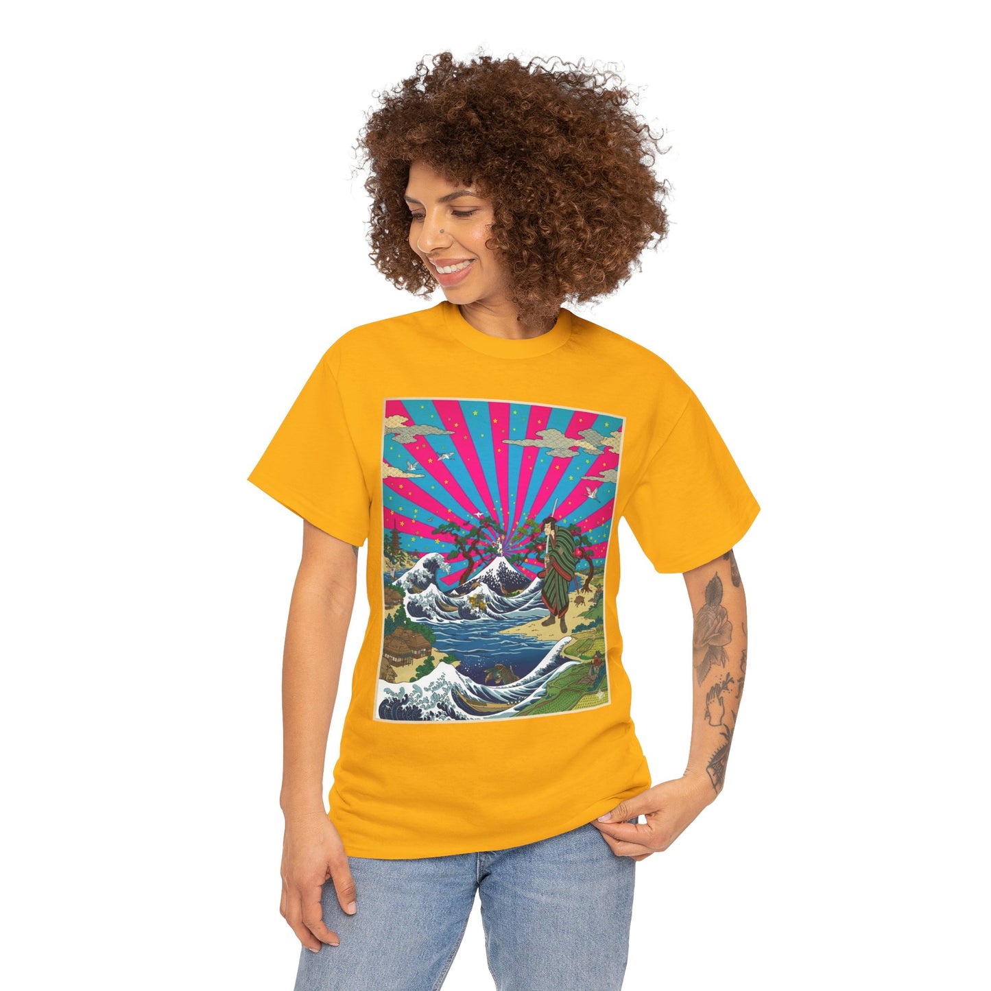 NekoPunch Original | Retro Japanese Wave & Beach T-Shirt - Samurai | Unisex Heavy Cotton Tee