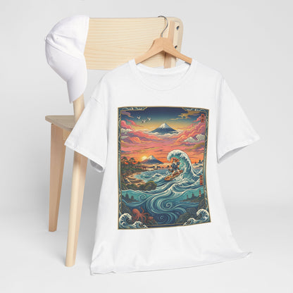 NekoPunch Original | Sunset & wave Mt. Fuji Surf T-Shirt - Girl | Unisex Heavy Cotton Tee