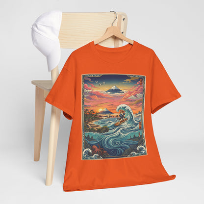 NekoPunch Original | Sunset & wave Mt. Fuji Surf T-Shirt - Girl | Unisex Heavy Cotton Tee