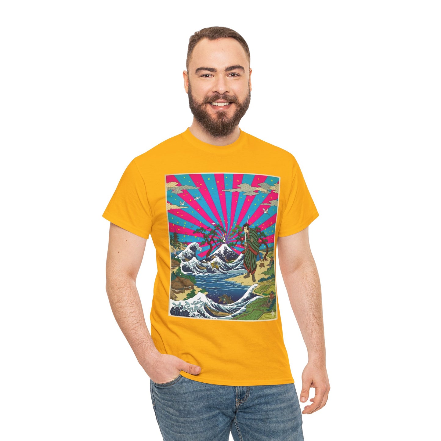 NekoPunch Original | Retro Japanese Wave & Beach T-Shirt - Samurai | Unisex Heavy Cotton Tee