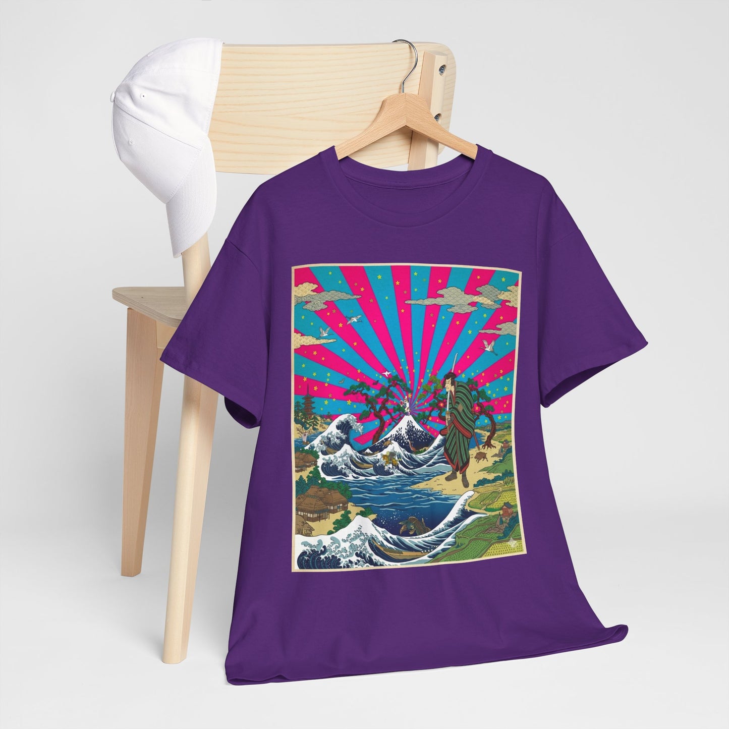 NekoPunch Original | Retro Japanese Wave & Beach T-Shirt - Samurai | Unisex Heavy Cotton Tee
