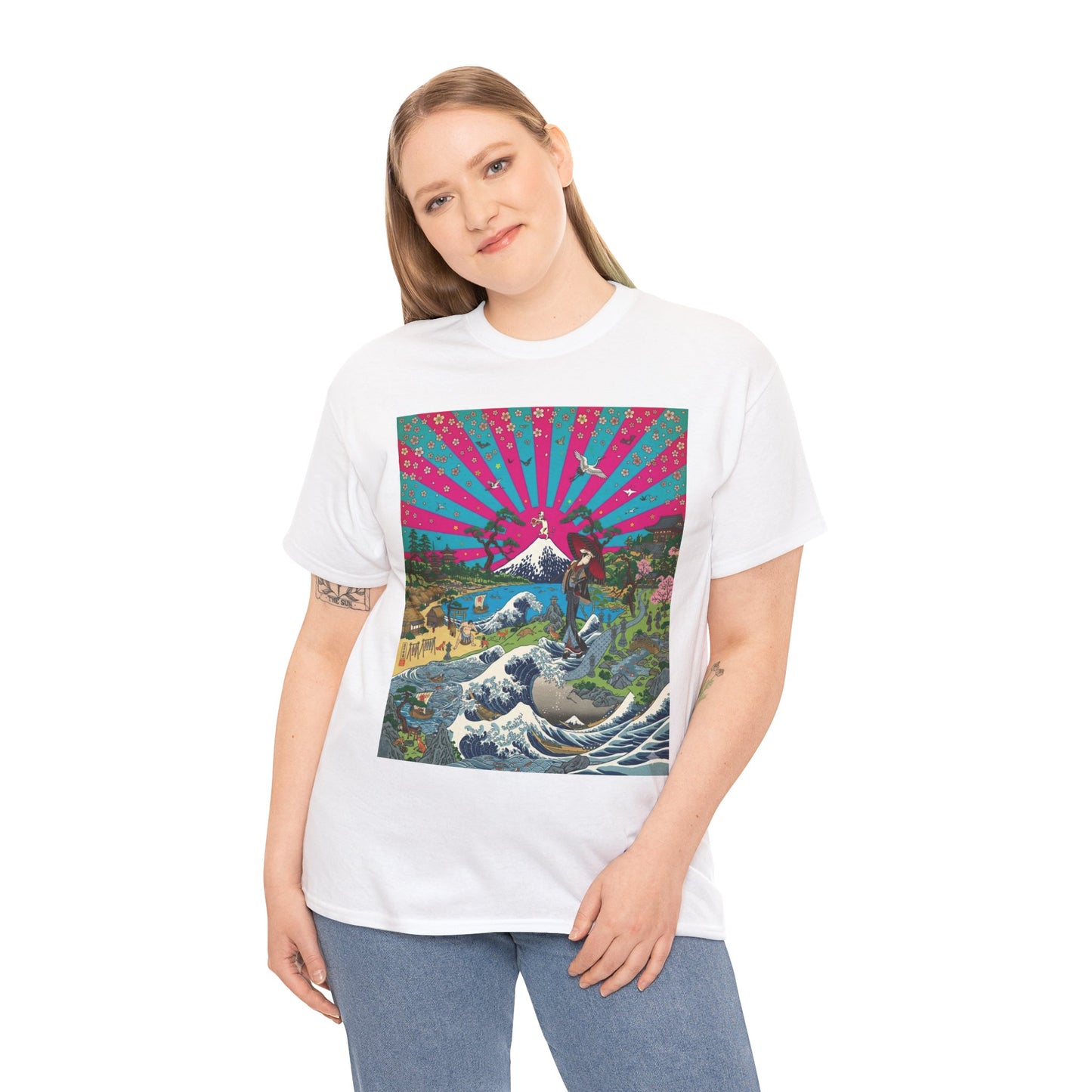 NekoPunch Original | Retro Japanese Wave & Beach T-Shirt - Girl | Unisex Heavy Cotton Tee