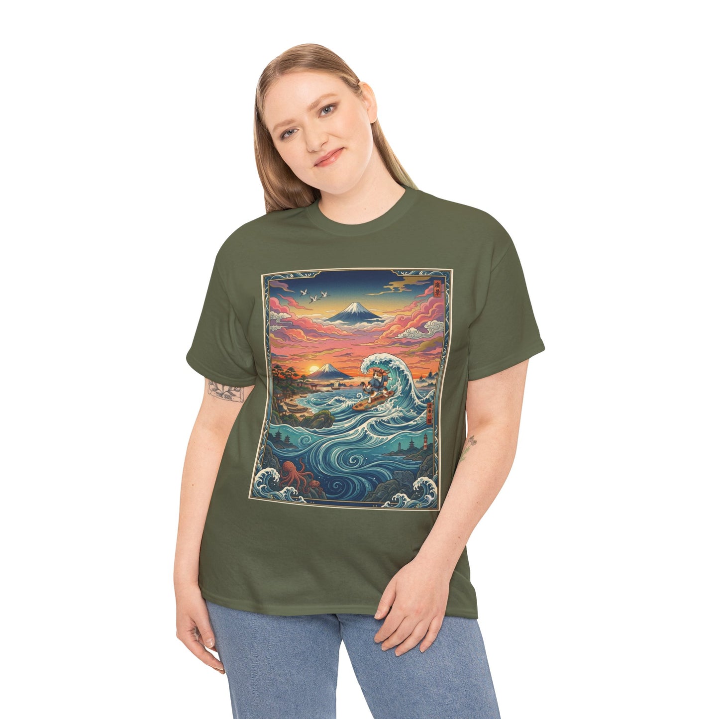 NekoPunch Original | Sunset & wave Mt. Fuji Surf T-Shirt - Girl | Unisex Heavy Cotton Tee