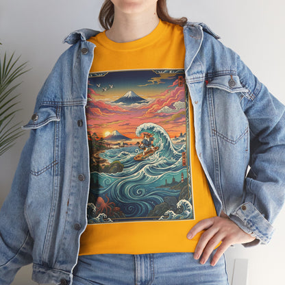 NekoPunch Original | Sunset & wave Mt. Fuji Surf T-Shirt - Girl | Unisex Heavy Cotton Tee
