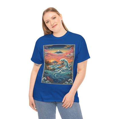 NekoPunch Original | Sunset & wave Mt. Fuji Surf T-Shirt - Girl | Unisex Heavy Cotton Tee