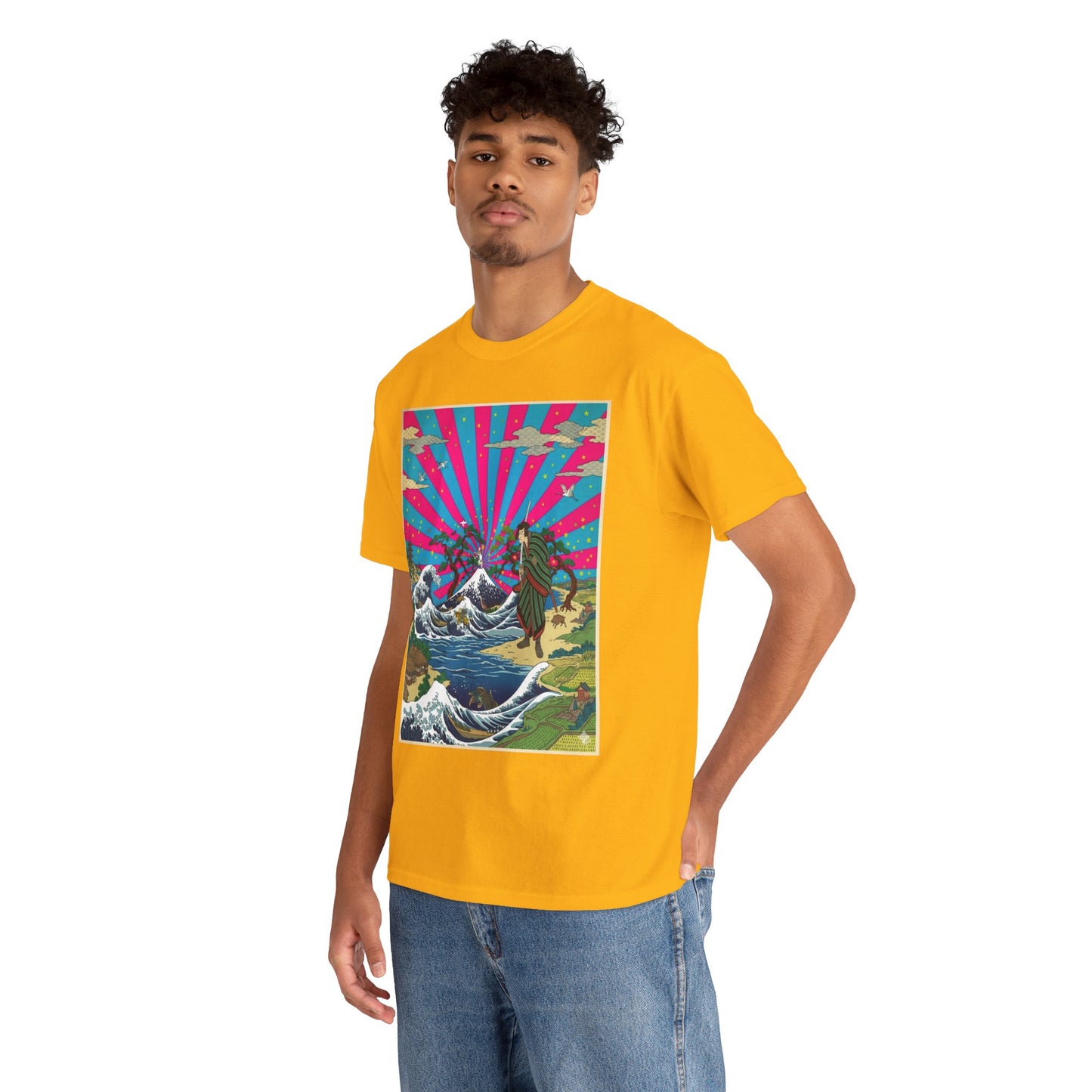 NekoPunch Original | Retro Japanese Wave & Beach T-Shirt - Samurai | Unisex Heavy Cotton Tee