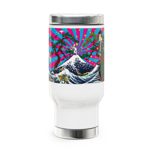 NekoPunch Original | 14oz Retro Japanese Wave & Beach Stainless Steel Travel Mug - Samurai