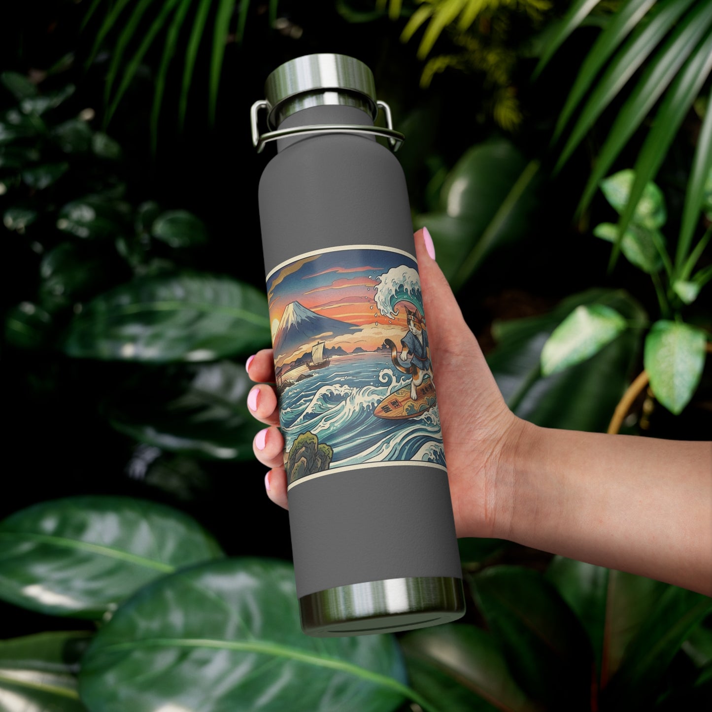 NekoPunch Original | 22oz Sunset & wave Mt. Fuji Surf Insulated Water Bottle