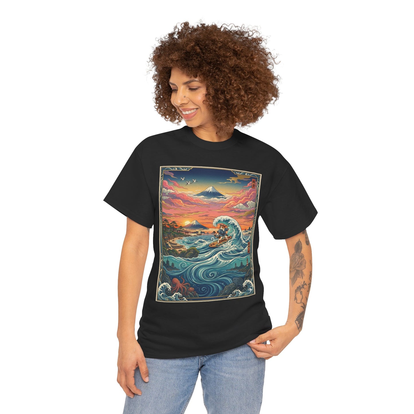 NekoPunch Original | Sunset & wave Mt. Fuji Surf T-Shirt - Girl | Unisex Heavy Cotton Tee
