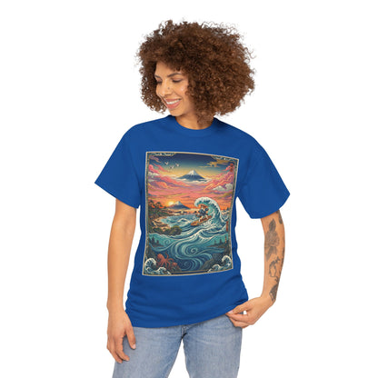 NekoPunch Original | Sunset & wave Mt. Fuji Surf T-Shirt - Girl | Unisex Heavy Cotton Tee
