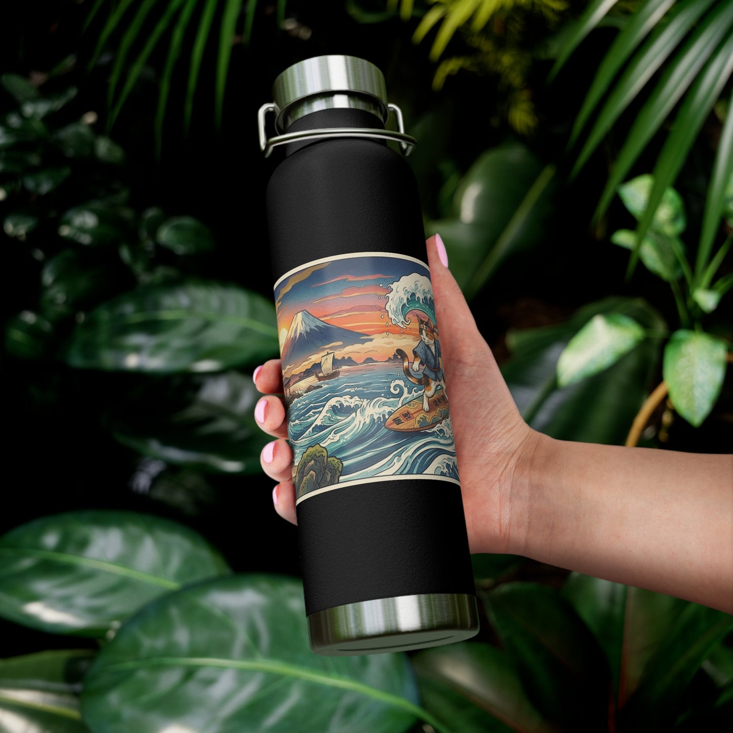 NekoPunch Original | 22oz Sunset & wave Mt. Fuji Surf Insulated Water Bottle