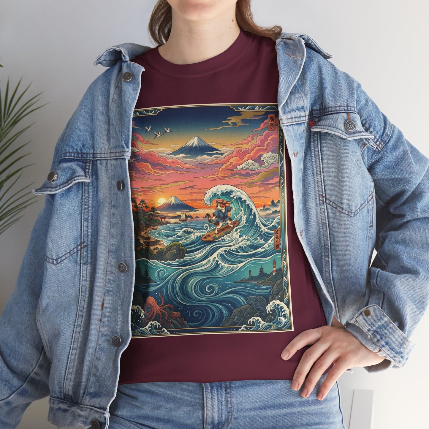 NekoPunch Original | Sunset & wave Mt. Fuji Surf T-Shirt - Girl | Unisex Heavy Cotton Tee