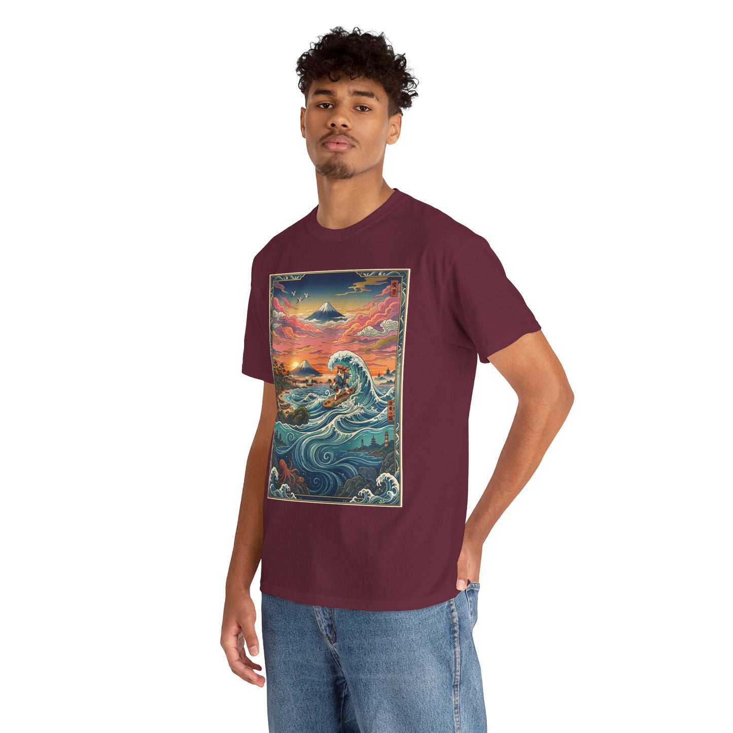 NekoPunch Original | Sunset & wave Mt. Fuji Surf T-Shirt - Girl | Unisex Heavy Cotton Tee