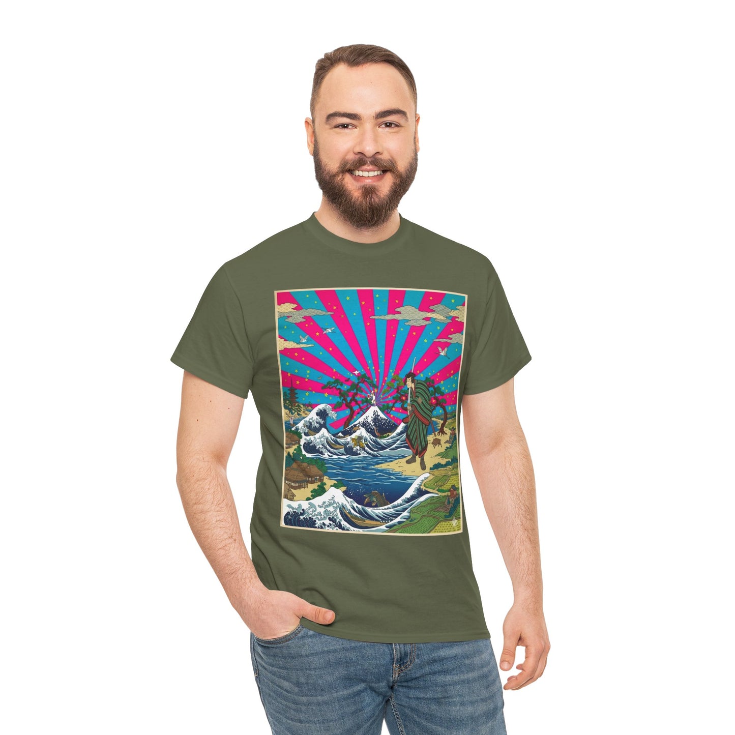 NekoPunch Original | Retro Japanese Wave & Beach T-Shirt - Samurai | Unisex Heavy Cotton Tee