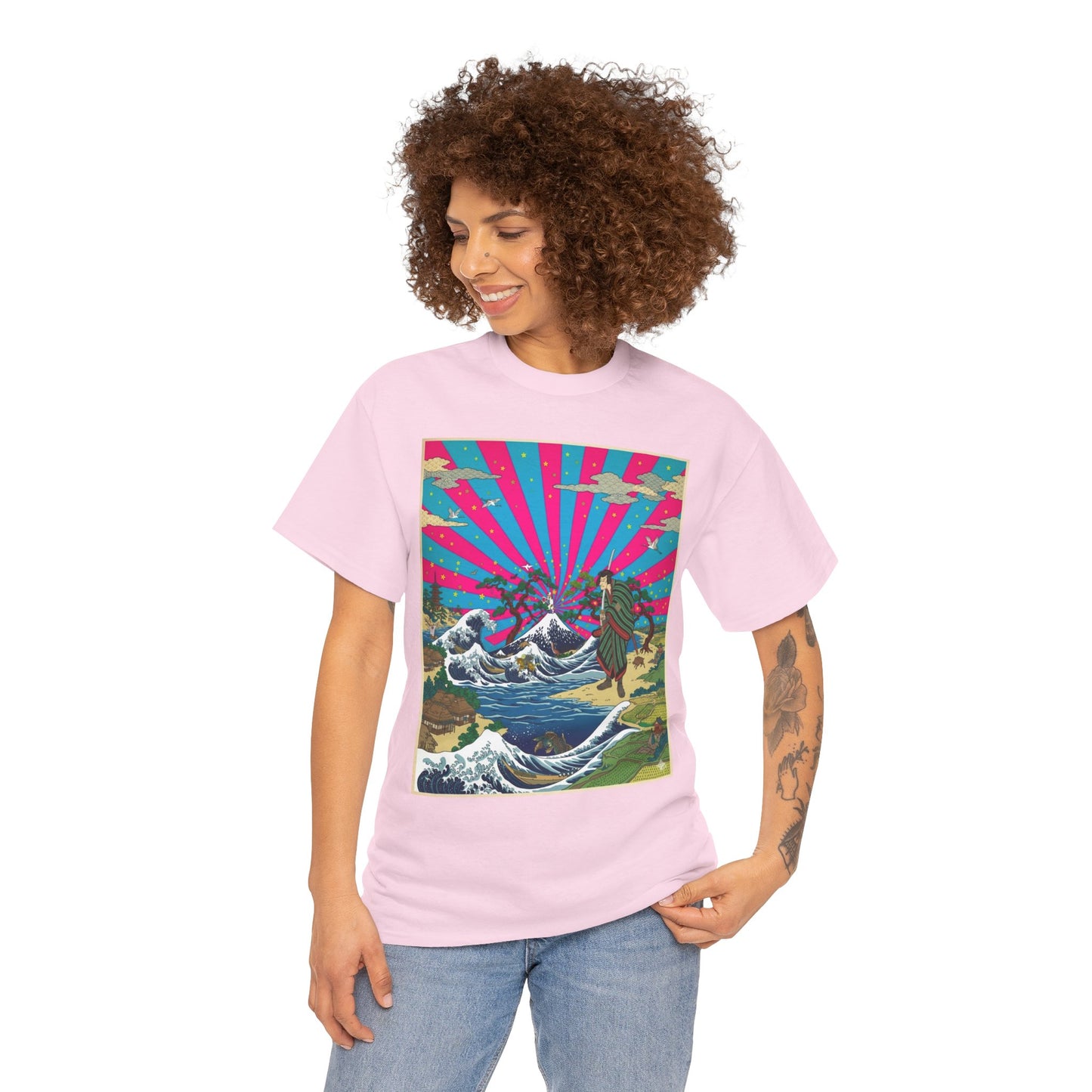 NekoPunch Original | Retro Japanese Wave & Beach T-Shirt - Samurai | Unisex Heavy Cotton Tee