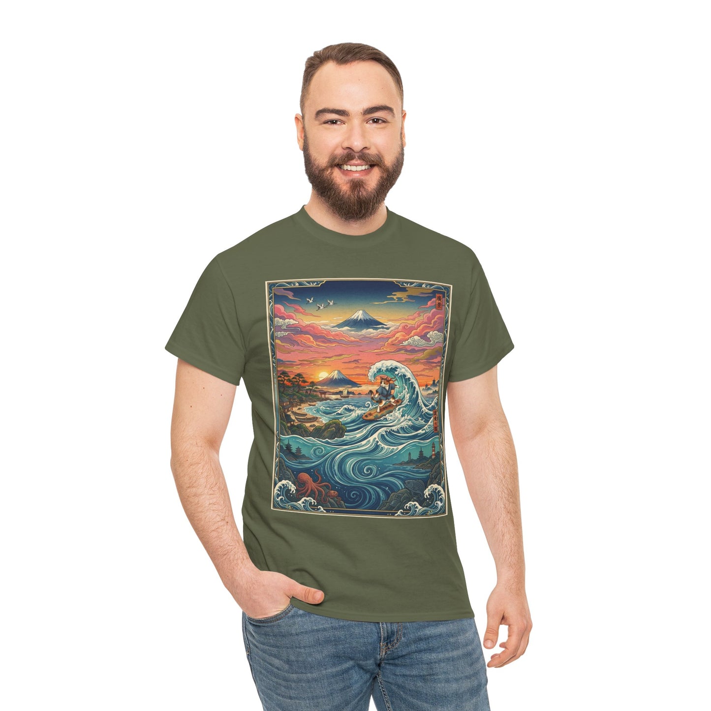 NekoPunch Original | Sunset & wave Mt. Fuji Surf T-Shirt - Girl | Unisex Heavy Cotton Tee