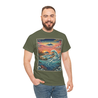 NekoPunch Original | Sunset & wave Mt. Fuji Surf T-Shirt - Girl | Unisex Heavy Cotton Tee
