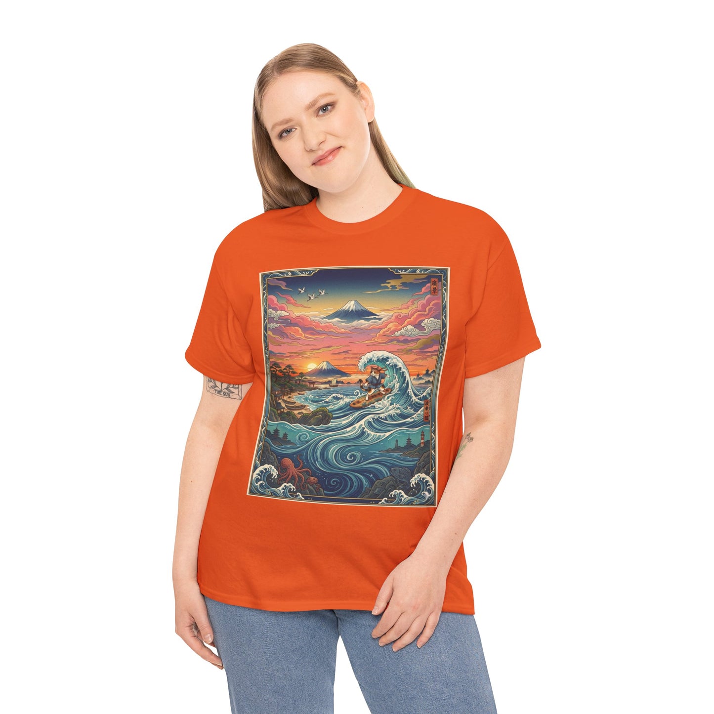NekoPunch Original | Sunset & wave Mt. Fuji Surf T-Shirt - Girl | Unisex Heavy Cotton Tee