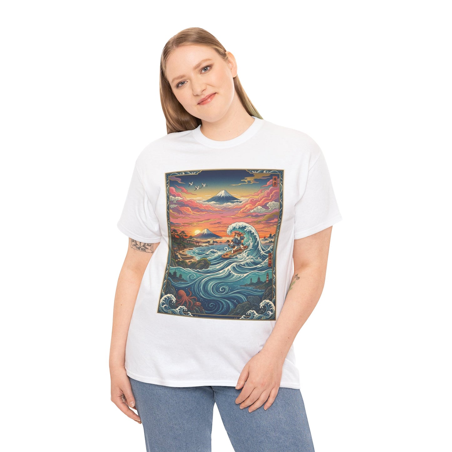 NekoPunch Original | Sunset & wave Mt. Fuji Surf T-Shirt - Girl | Unisex Heavy Cotton Tee
