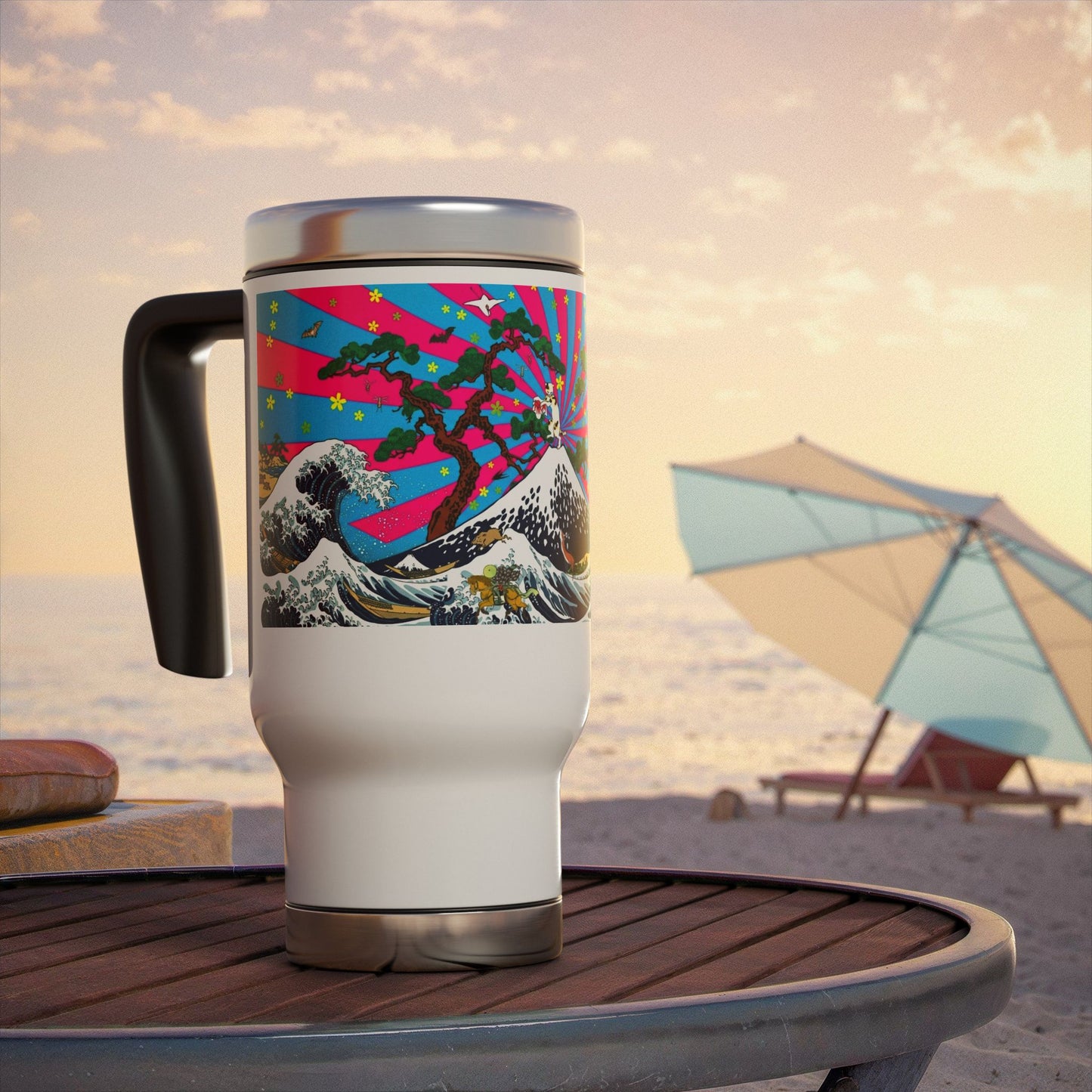 NekoPunch Original | 14oz Retro Japanese Wave & Beach Stainless Steel Travel Mug - Samurai