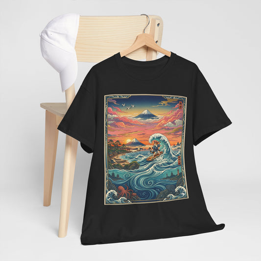 NekoPunch Original | Sunset & wave Mt. Fuji Surf T-Shirt - Girl | Unisex Heavy Cotton Tee