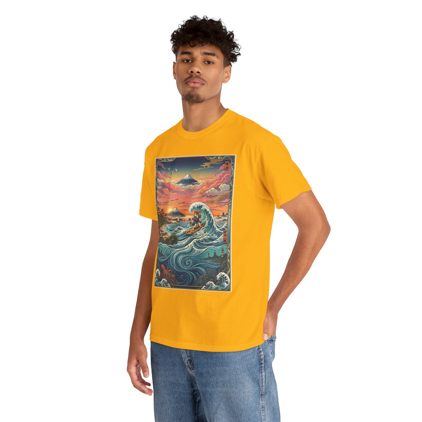 NekoPunch Original | Sunset & wave Mt. Fuji Surf T-Shirt - Girl | Unisex Heavy Cotton Tee