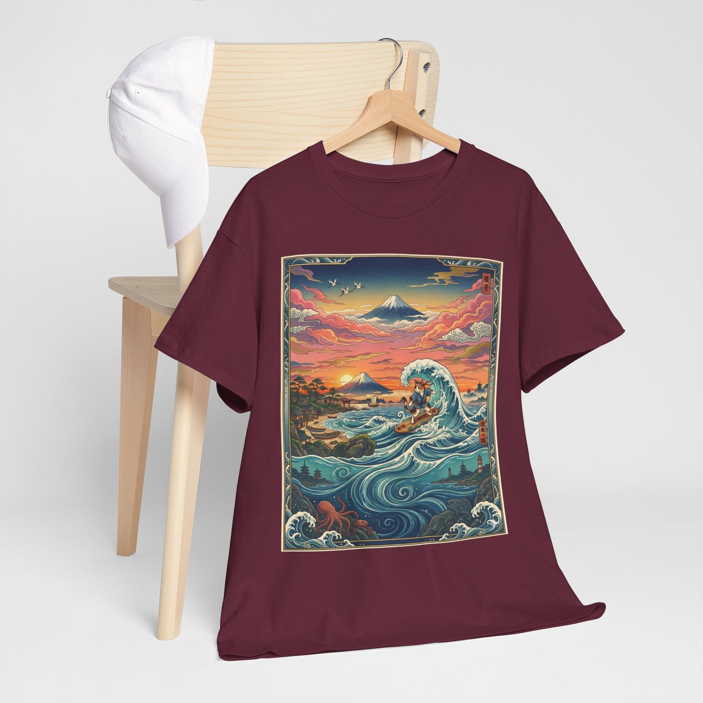 NekoPunch Original | Sunset & wave Mt. Fuji Surf T-Shirt - Girl | Unisex Heavy Cotton Tee