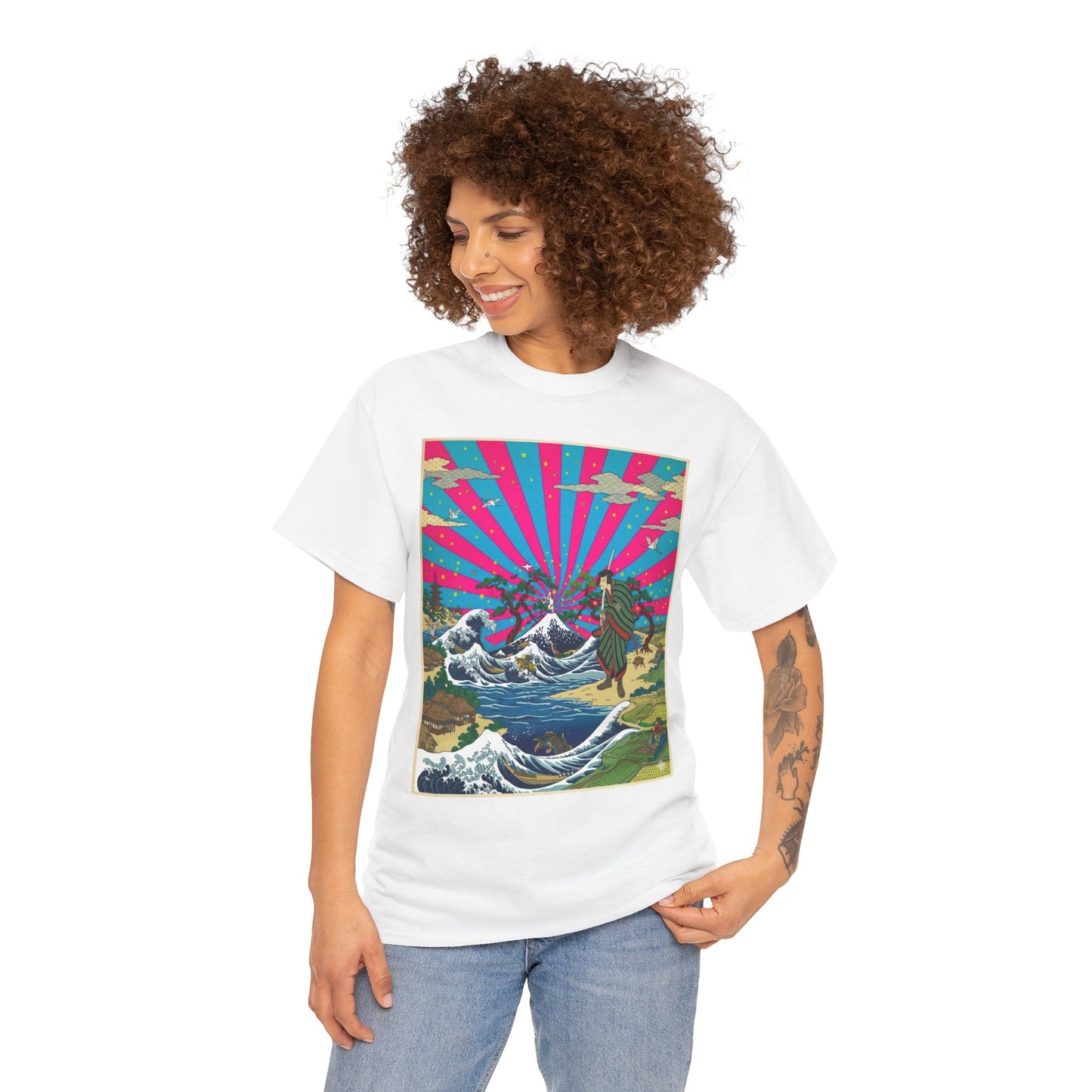 NekoPunch Original | Retro Japanese Wave & Beach T-Shirt - Samurai | Unisex Heavy Cotton Tee