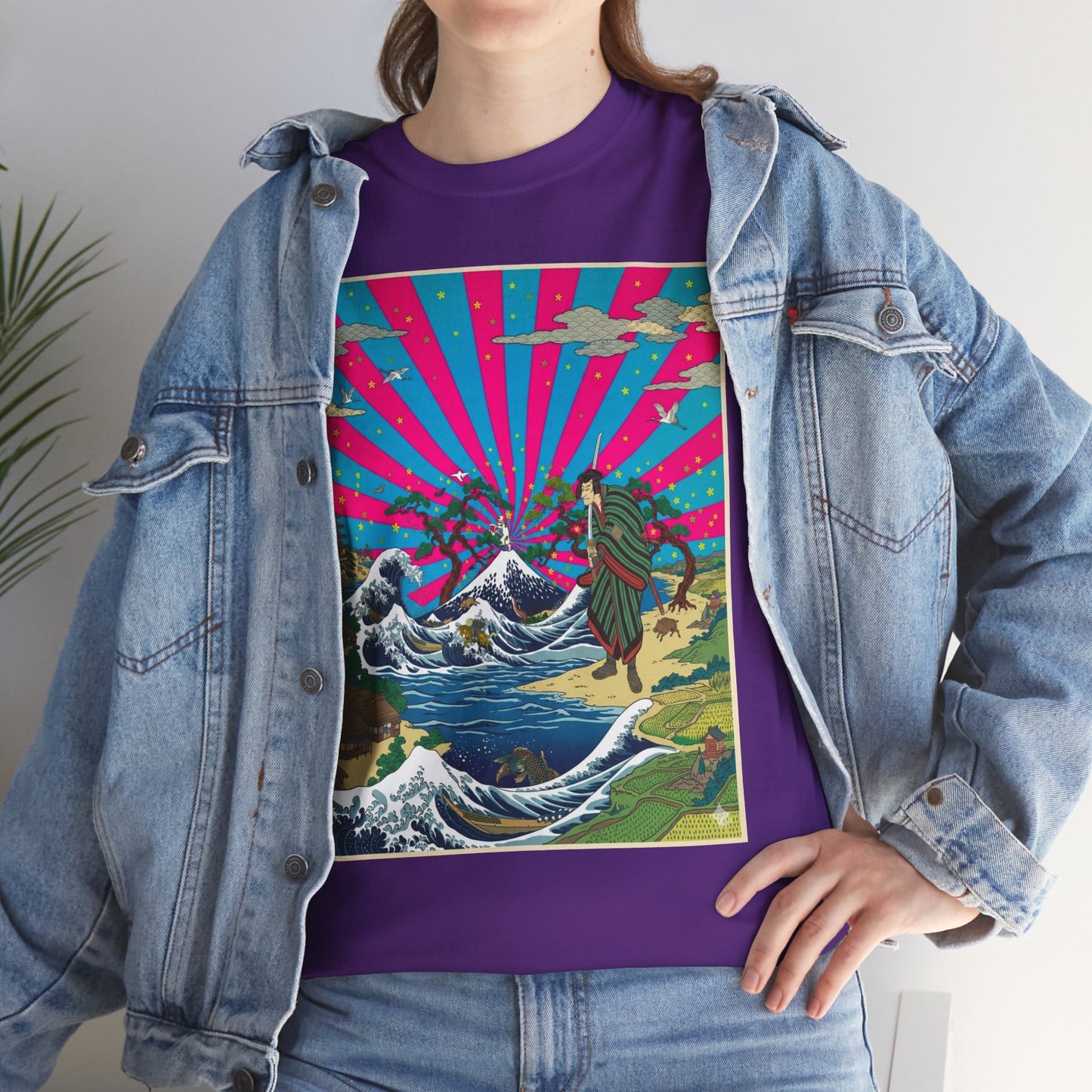 NekoPunch Original | Retro Japanese Wave & Beach T-Shirt - Samurai | Unisex Heavy Cotton Tee