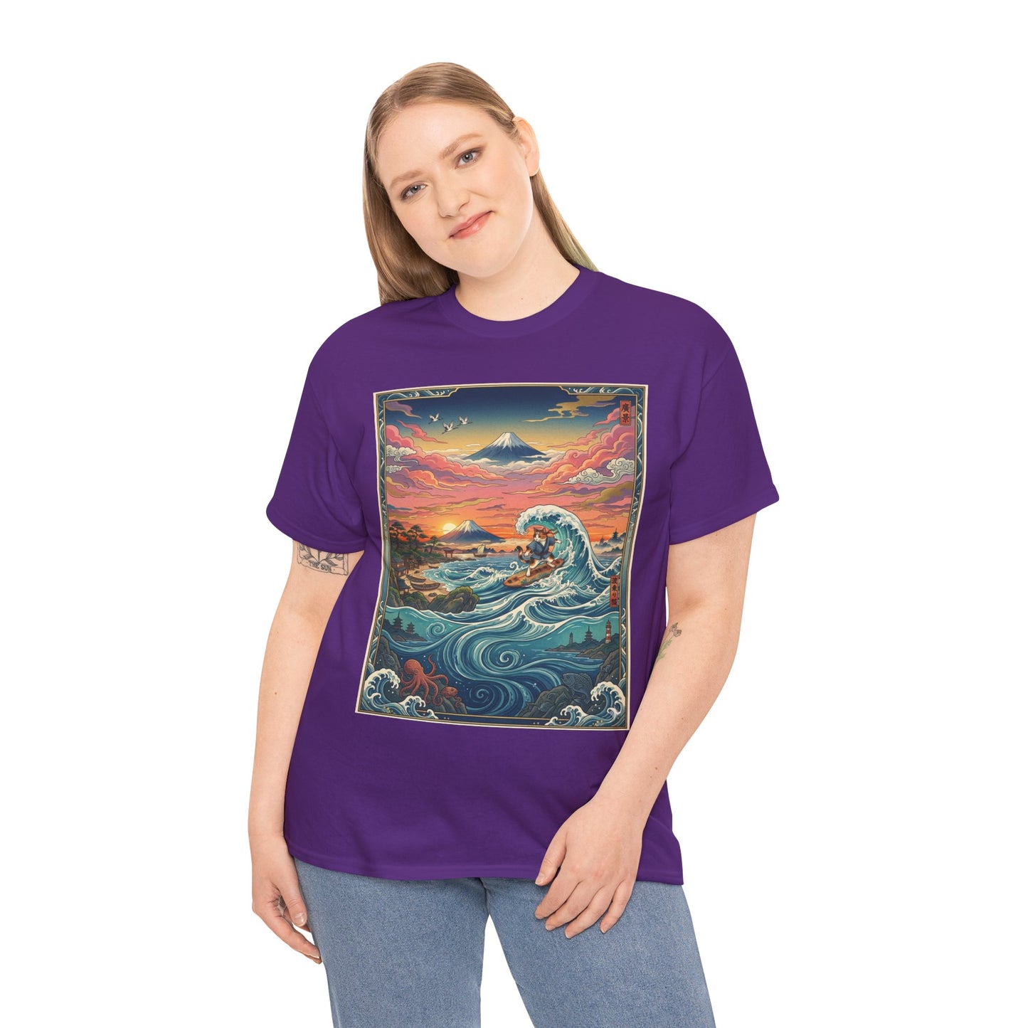 NekoPunch Original | Sunset & wave Mt. Fuji Surf T-Shirt - Girl | Unisex Heavy Cotton Tee