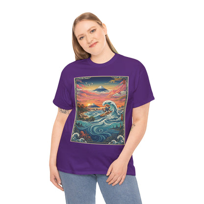 NekoPunch Original | Sunset & wave Mt. Fuji Surf T-Shirt - Girl | Unisex Heavy Cotton Tee