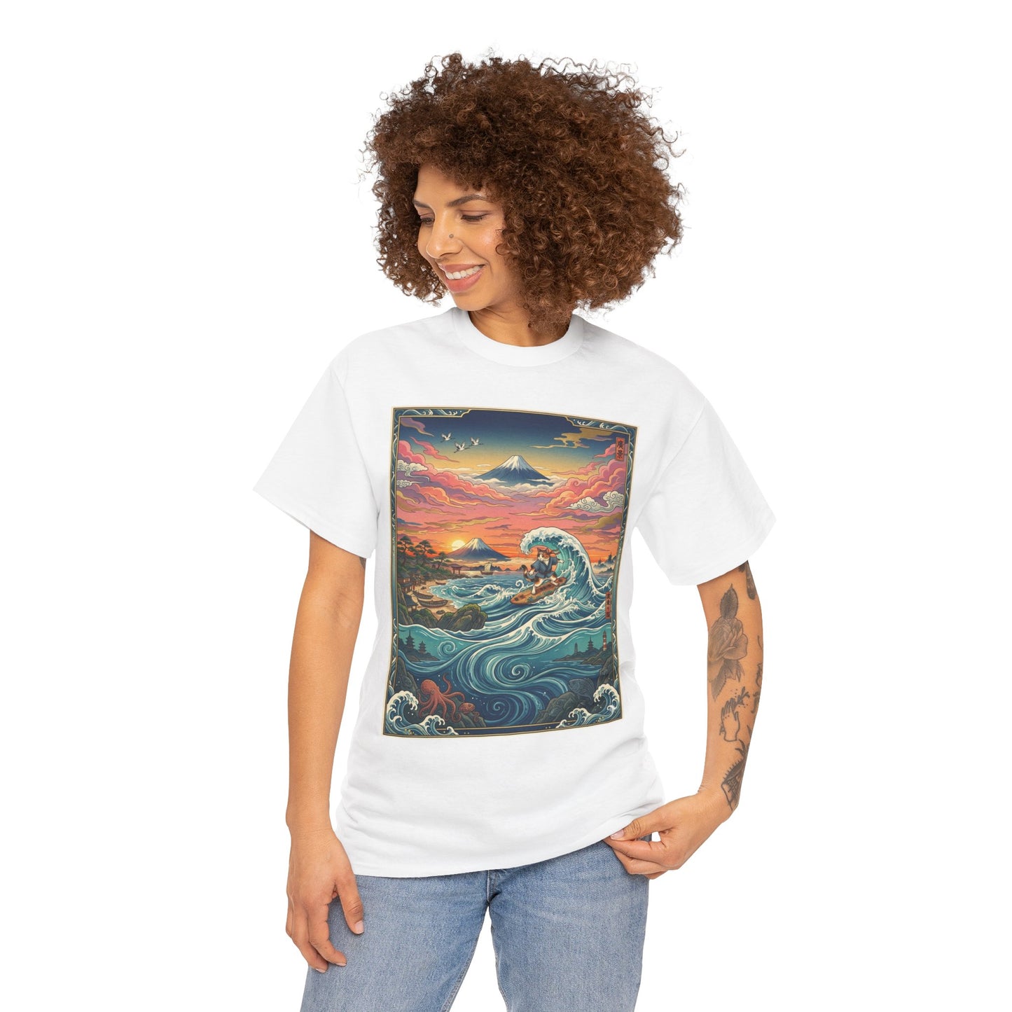 NekoPunch Original | Sunset & wave Mt. Fuji Surf T-Shirt - Girl | Unisex Heavy Cotton Tee
