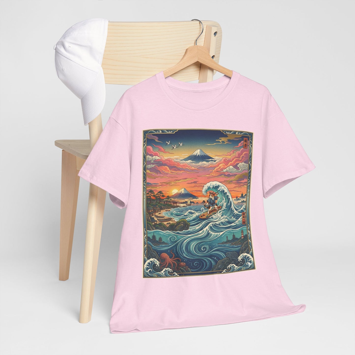 NekoPunch Original | Sunset & wave Mt. Fuji Surf T-Shirt - Girl | Unisex Heavy Cotton Tee