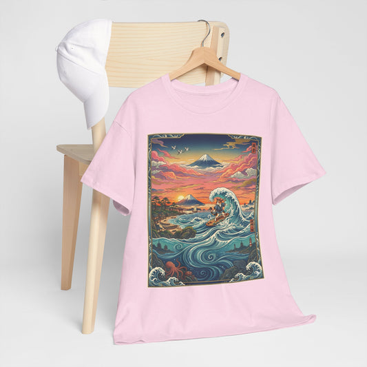 NekoPunch Original | Sunset & wave Mt. Fuji Surf T-Shirt - Girl | Unisex Heavy Cotton Tee