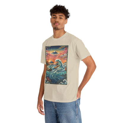 NekoPunch Original | Sunset & wave Mt. Fuji Surf T-Shirt - Girl | Unisex Heavy Cotton Tee