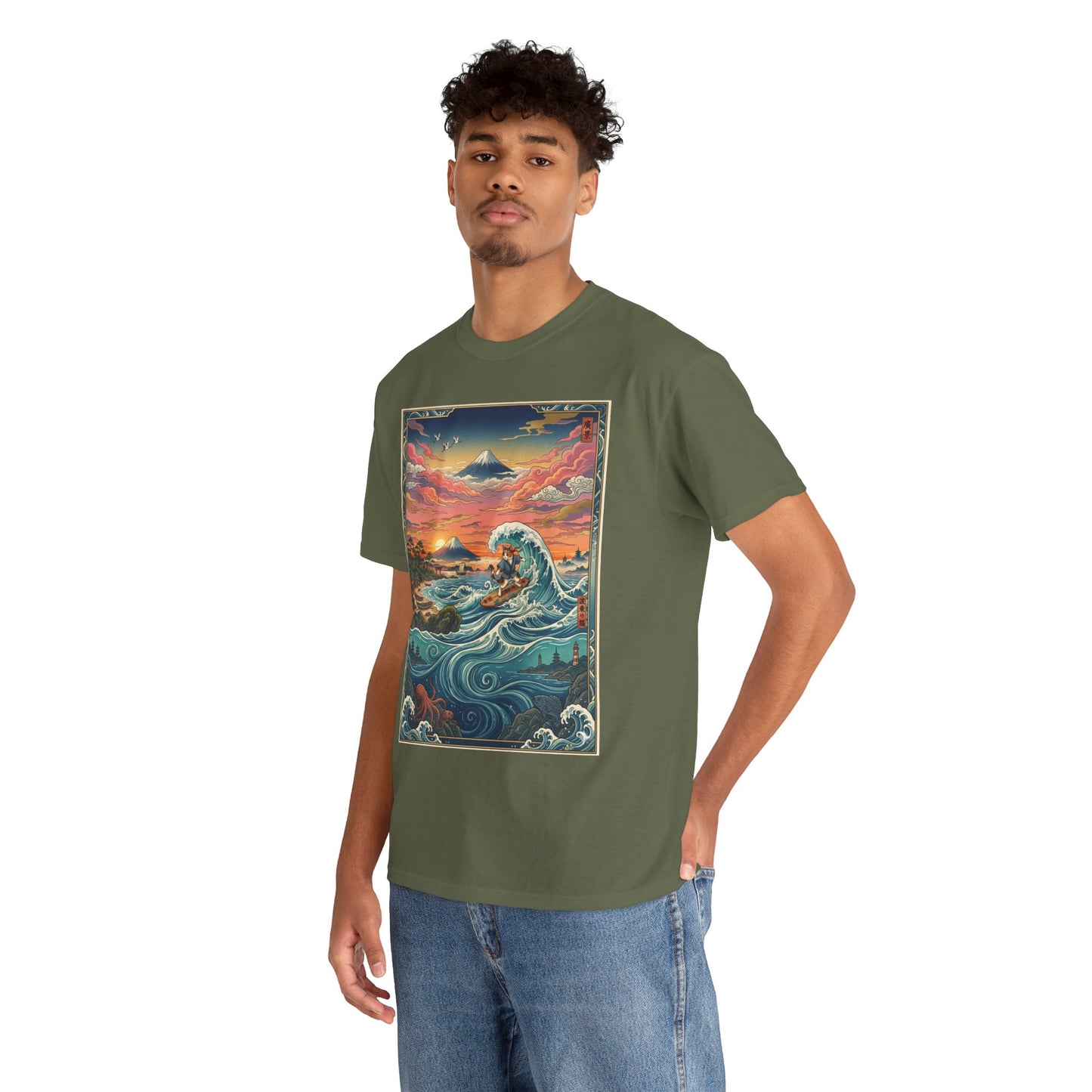 NekoPunch Original | Sunset & wave Mt. Fuji Surf T-Shirt - Girl | Unisex Heavy Cotton Tee