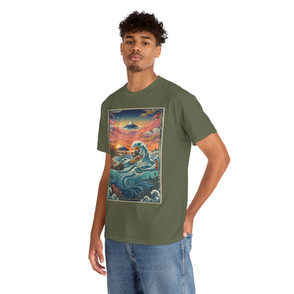 NekoPunch Original | Sunset & wave Mt. Fuji Surf T-Shirt - Girl | Unisex Heavy Cotton Tee