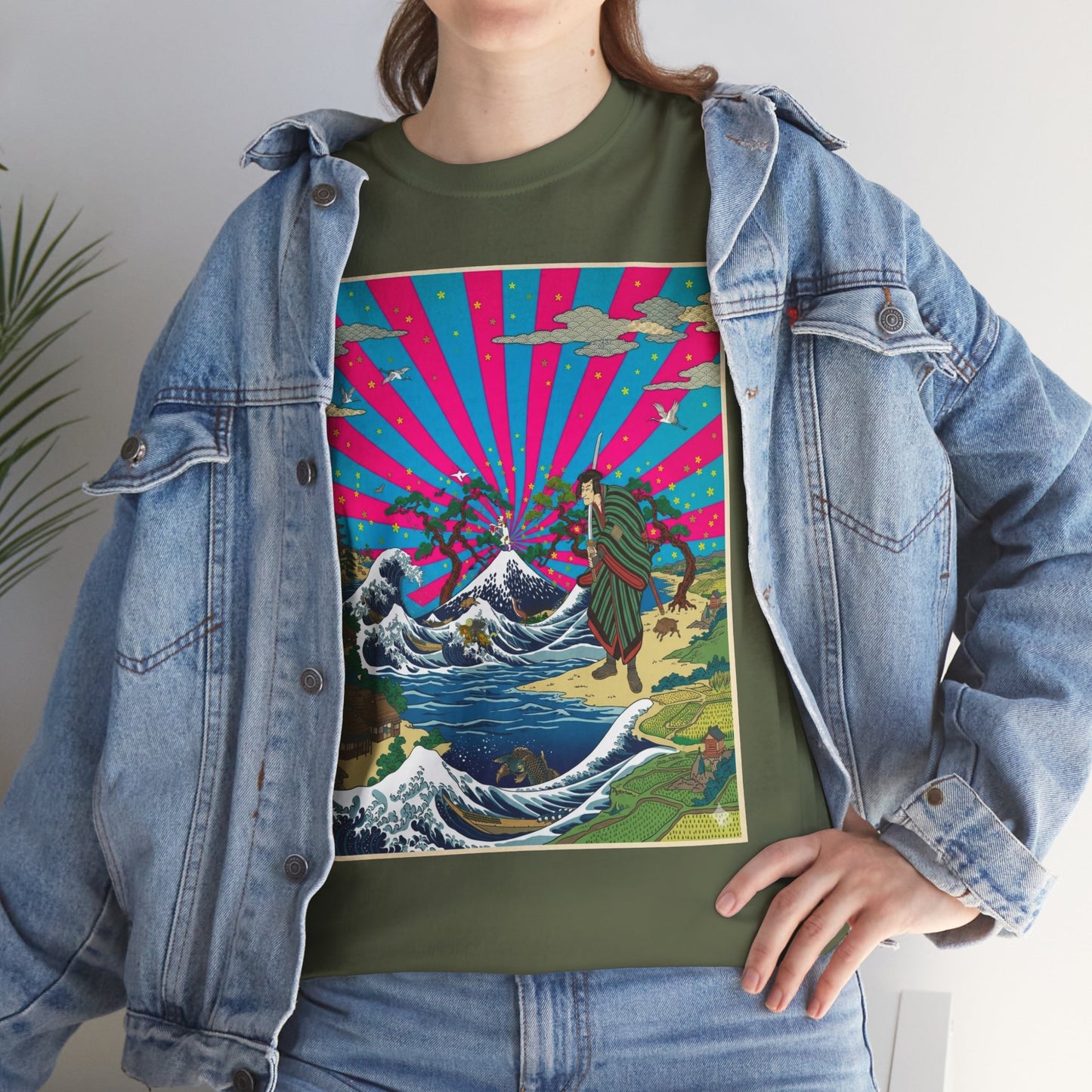 NekoPunch Original | Retro Japanese Wave & Beach T-Shirt - Samurai | Unisex Heavy Cotton Tee