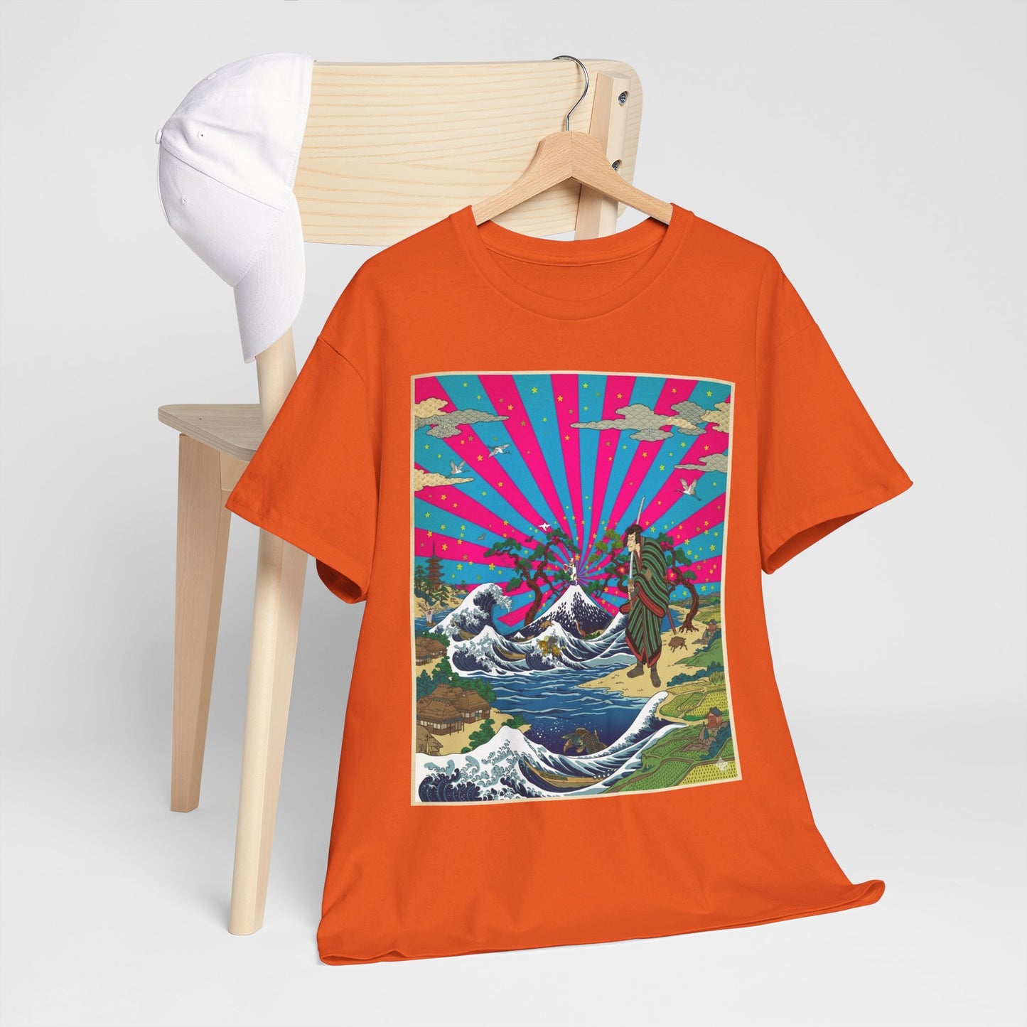 NekoPunch Original | Retro Japanese Wave & Beach T-Shirt - Samurai | Unisex Heavy Cotton Tee