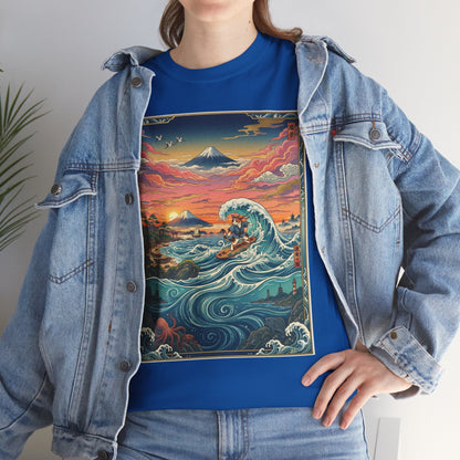 NekoPunch Original | Sunset & wave Mt. Fuji Surf T-Shirt - Girl | Unisex Heavy Cotton Tee