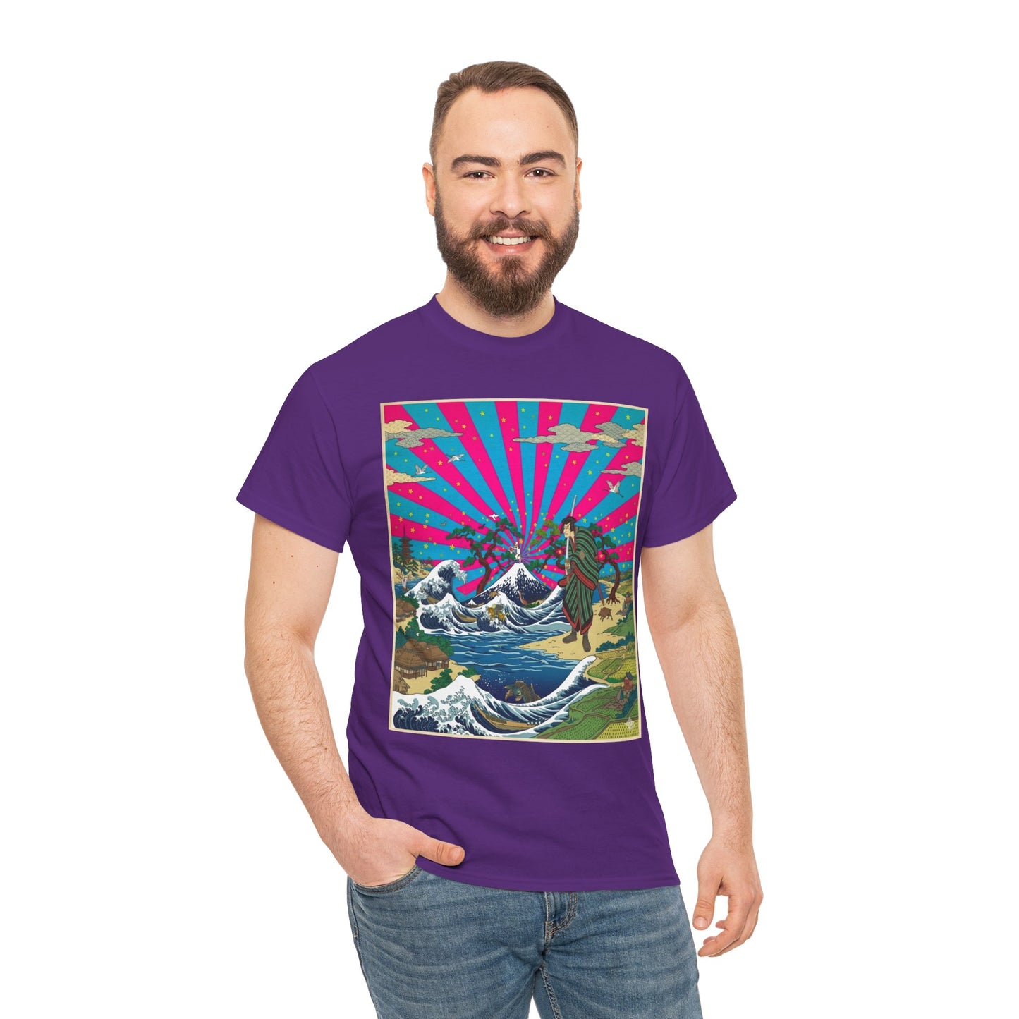 NekoPunch Original | Retro Japanese Wave & Beach T-Shirt - Samurai | Unisex Heavy Cotton Tee