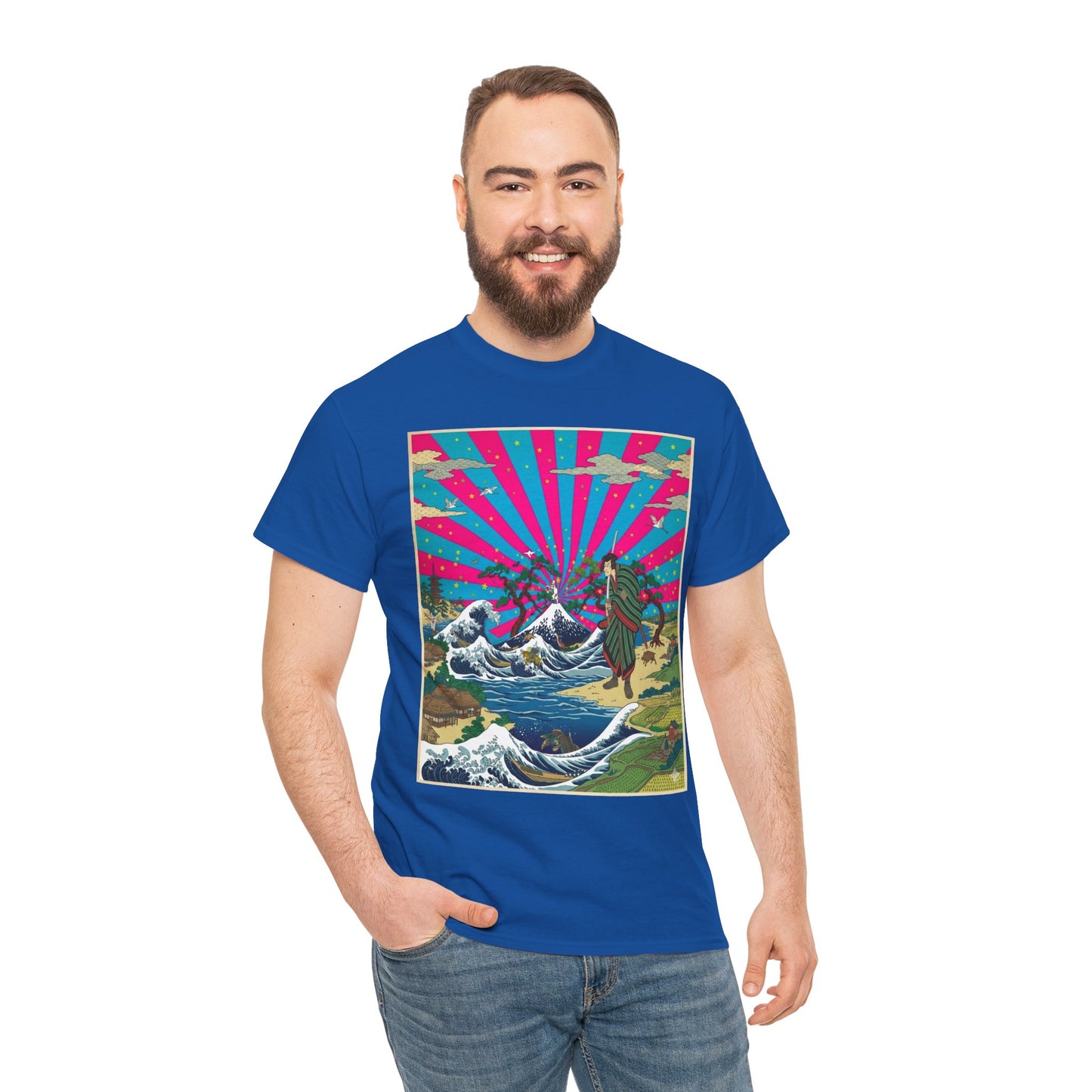 NekoPunch Original | Retro Japanese Wave & Beach T-Shirt - Samurai | Unisex Heavy Cotton Tee