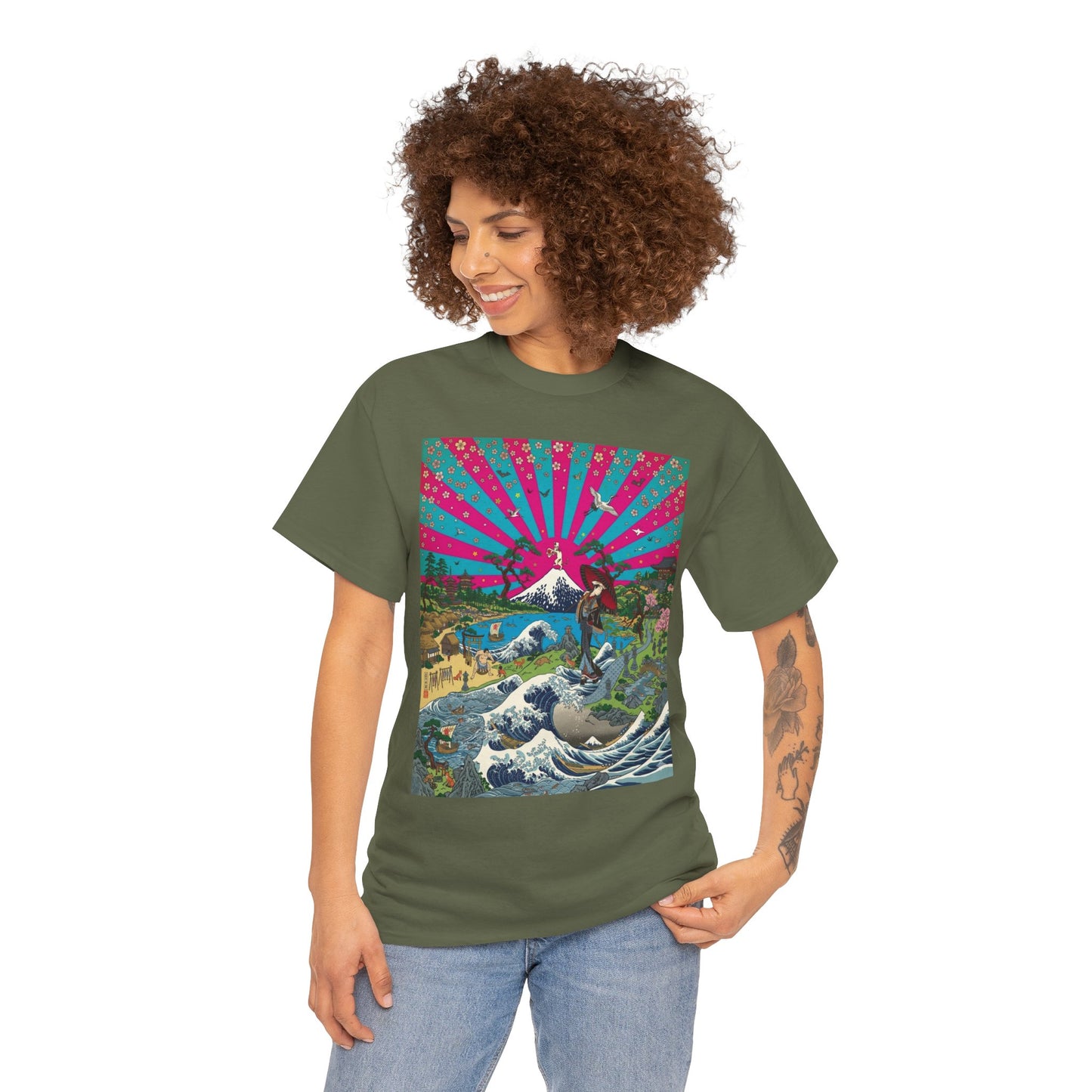 NekoPunch Original | Retro Japanese Wave & Beach T-Shirt - Girl | Unisex Heavy Cotton Tee