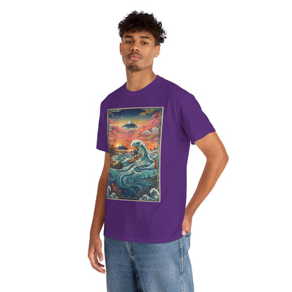 NekoPunch Original | Sunset & wave Mt. Fuji Surf T-Shirt - Girl | Unisex Heavy Cotton Tee